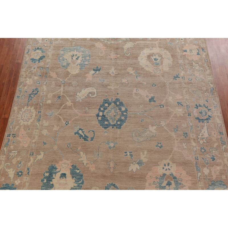 Hand Knotted Oriental 100% Wool Carpet Transitional All-Over Brown Oushak Area Rug - 12' 11'' X 9' 4''