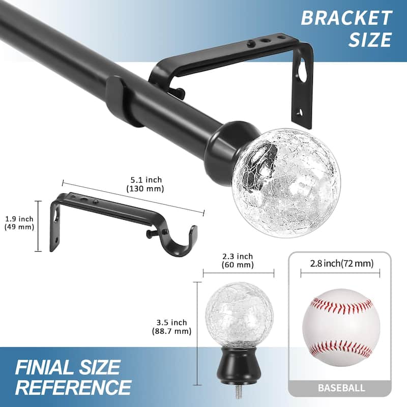 1-inch Diameter Crackle Glass Adjustable Single Drapery Curtain Rod