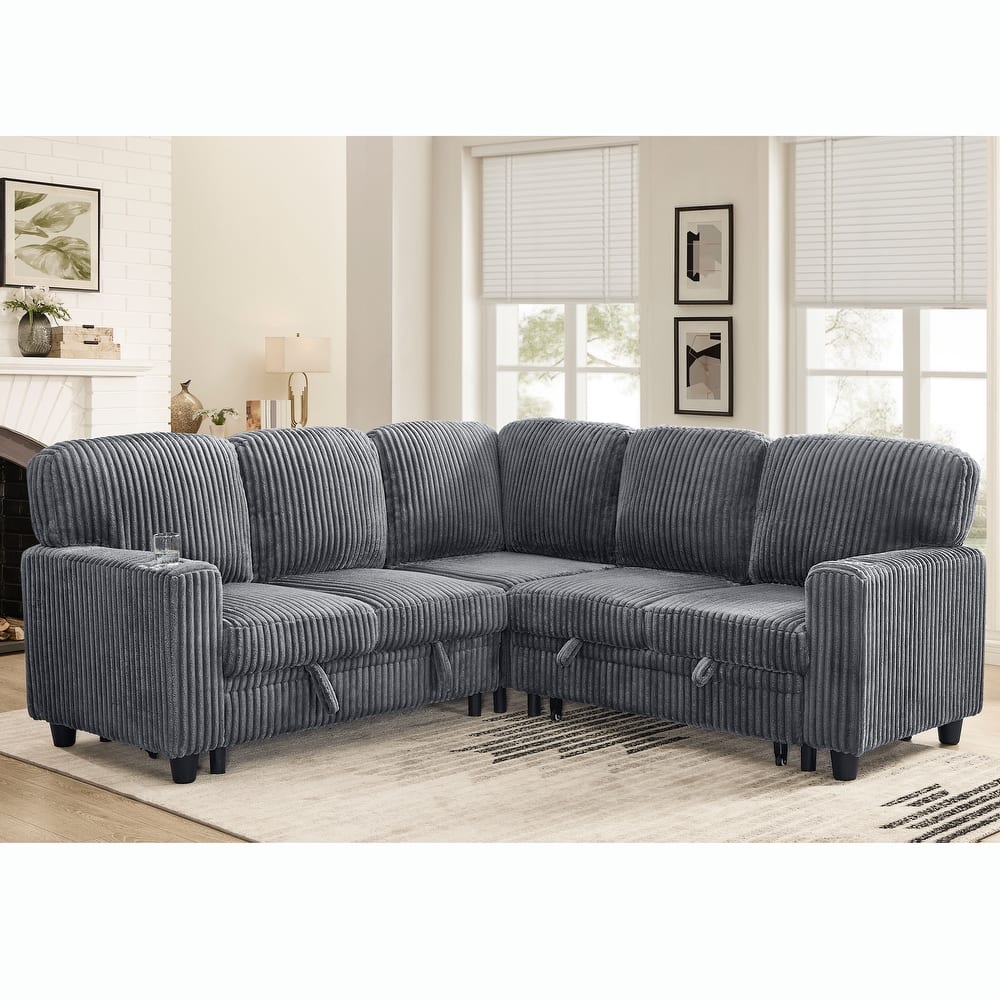 Corduroy Modular Sectional Sleeper Sofa with Pull-Out Bed & Storage, 2-in-1 Convertible Upholstered Sofa Bed with USB Port