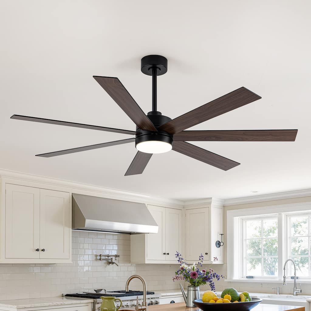 62" Modern Ceiling Fan with Light, Remote Control, Reversible DC Motor, Black/Wood Grain Dual-Finish Blades, Living Room - 62 in