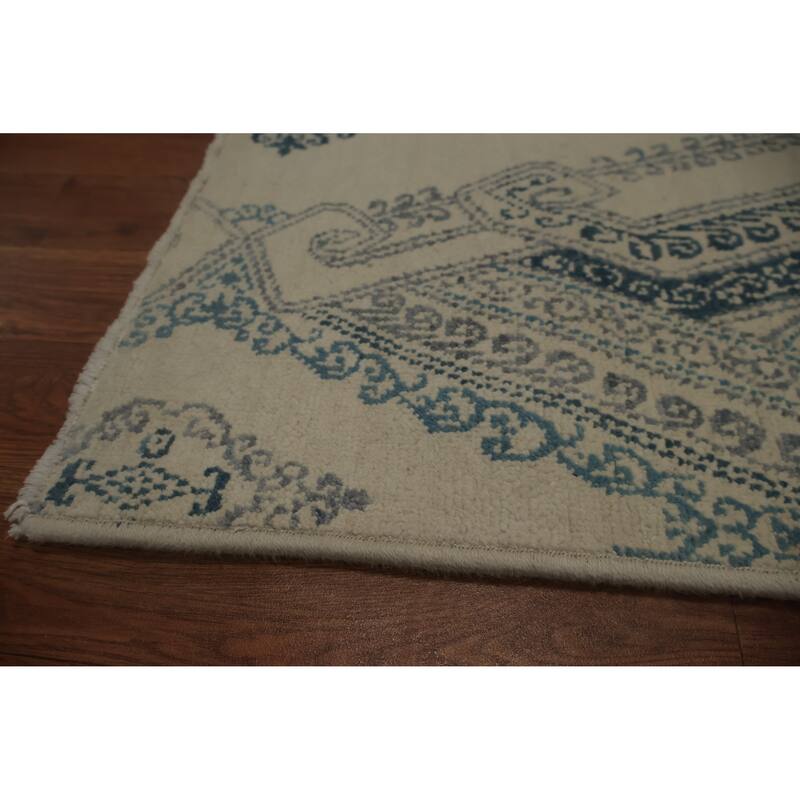 Hand Knotted Oriental 100% Wool Carpet Modern Geometric Beige & Ivories Contemporary Runner Rug - 9' 0'' X 2' 3''