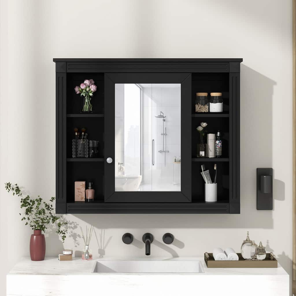 35'' x 28'' Wall Mounted Bathroom Storage Cabinet with Mirror,6 Open Shelves,for Enhanced Bathroom Organization