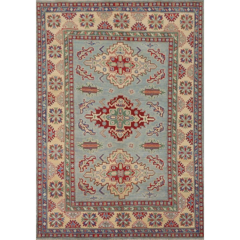 Light Blue Geometric Kazak Area Rug Handmade Wool Carpet - 4'11" x 6'10"