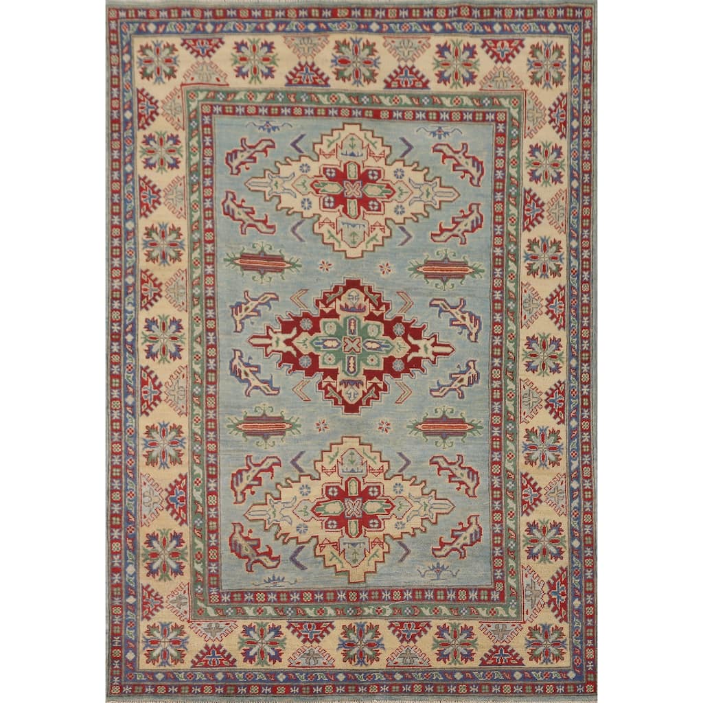 Light Blue Geometric Kazak Area Rug Handmade Wool Carpet - 4'11" x 6'10"
