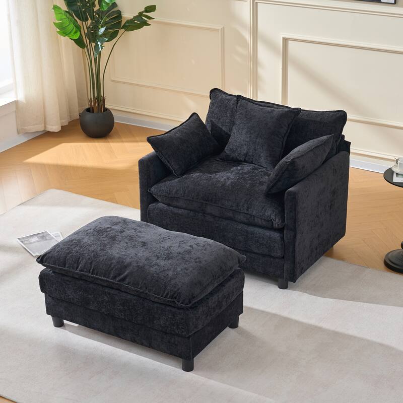 39.4" Modern Accent Chair with Ottoman, Living Room Club Chair Chenille Upholstered Armchair, Reading Chair for Bedroom