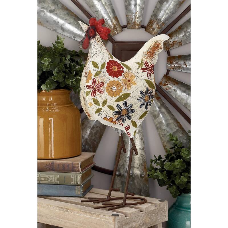 Metal Rooster Indoor Outdoor Distressed Standing Decorative Garden Sculpture - Green or Cream - Roche River Decor