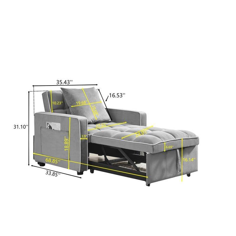 3 In1 Upholstered Sleeper Sofa with Poll out Bed,Adjustable Back and Side Pockets