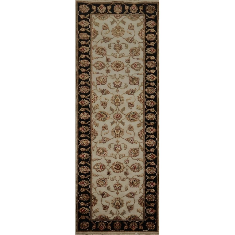 Hand Knotted Oriental Wool & Silk Carpet Traditional Floral Beige & Ivories Agra Runner Rug - 8' 0'' X 2' 6''
