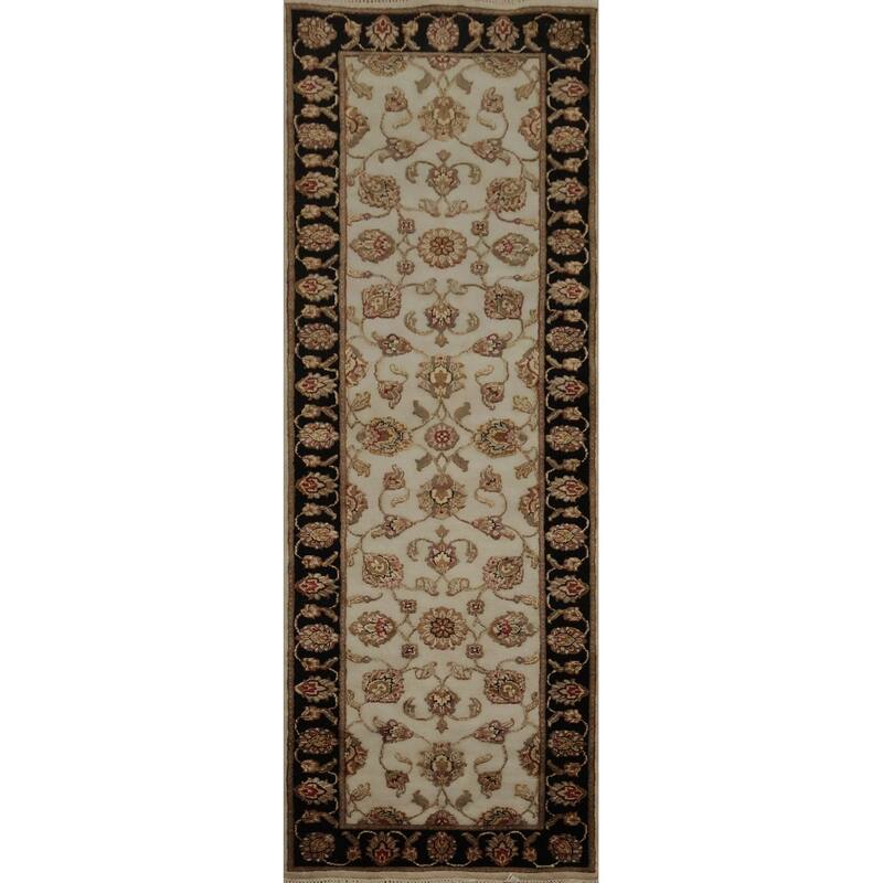 Hand Knotted Oriental Wool & Silk Carpet Traditional Floral Beige & Ivories Agra Runner Rug - 8' 0'' X 2' 6''