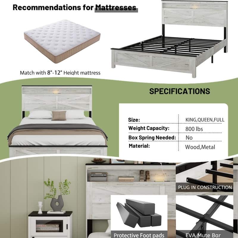 Full/ Queen/ King Size Farmhouse Style Wood Bed Frame w/ LED Light, Platform Bed w/ Storage Headboard and USB Ports