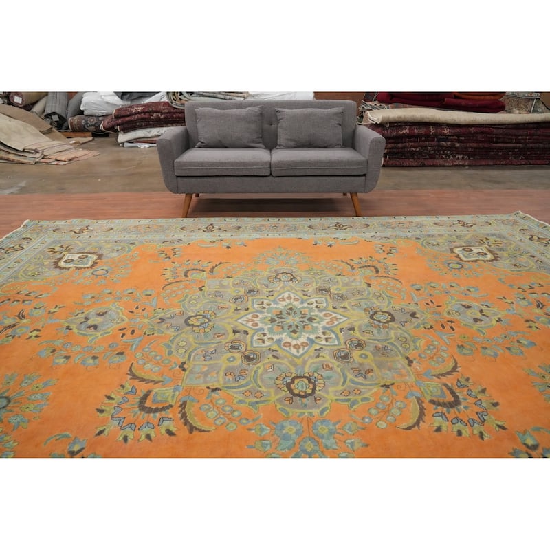 Hand Knotted Oriental 100% Wool Carpet Traditional Floral Oranges & Rust Tabriz Area Rug - 12' 10'' X 9' 10''