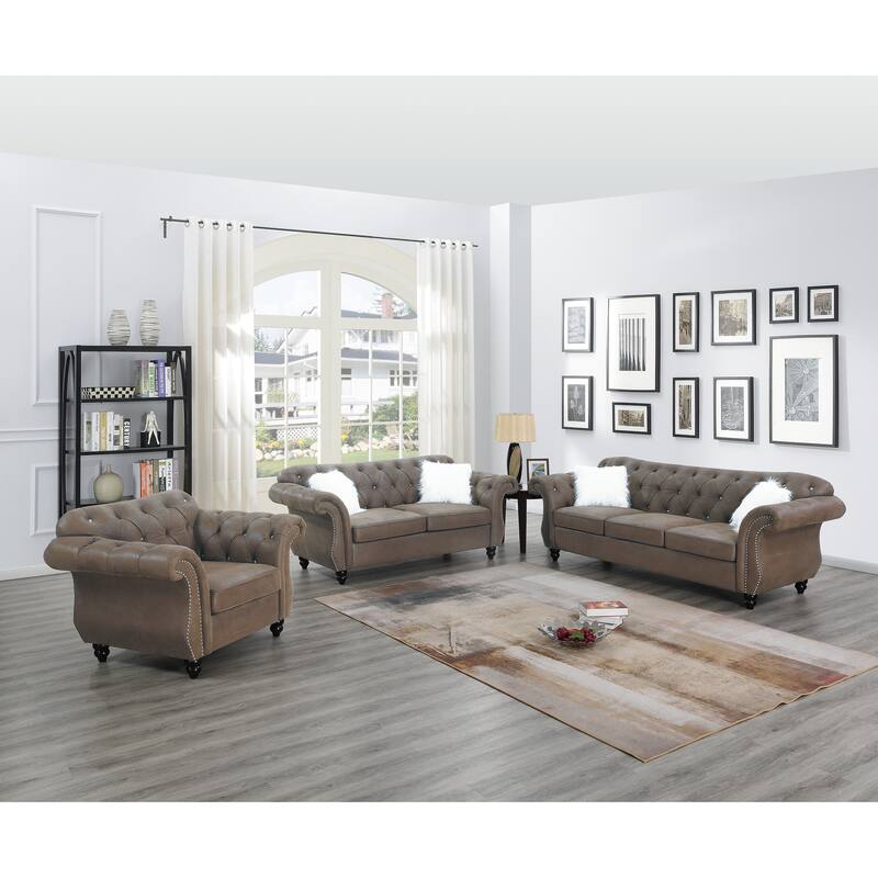 Chenille Love Seat with Nailhead Trim in Light Brown - Dark coffee