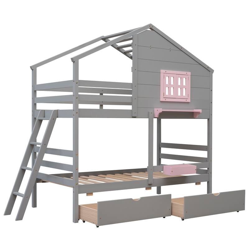 Bunk Bed with 2 Drawers, 1 Storage Box, 1 Shelf, Window and Roof