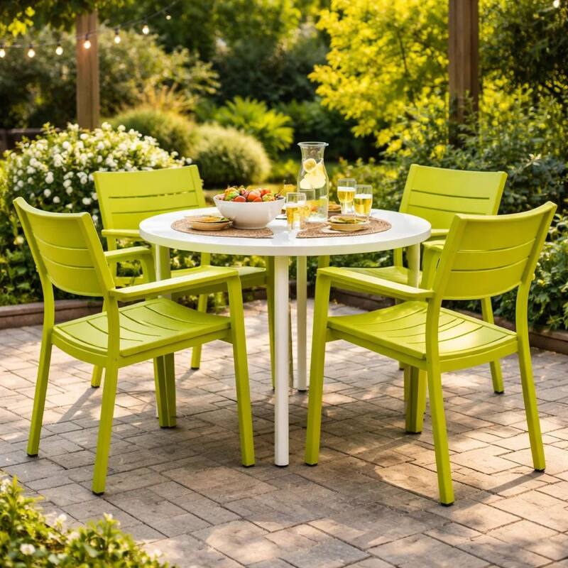Meta 22 Inch 6 Piece Dining Chair Set, Green Aluminum Frame, Stackable