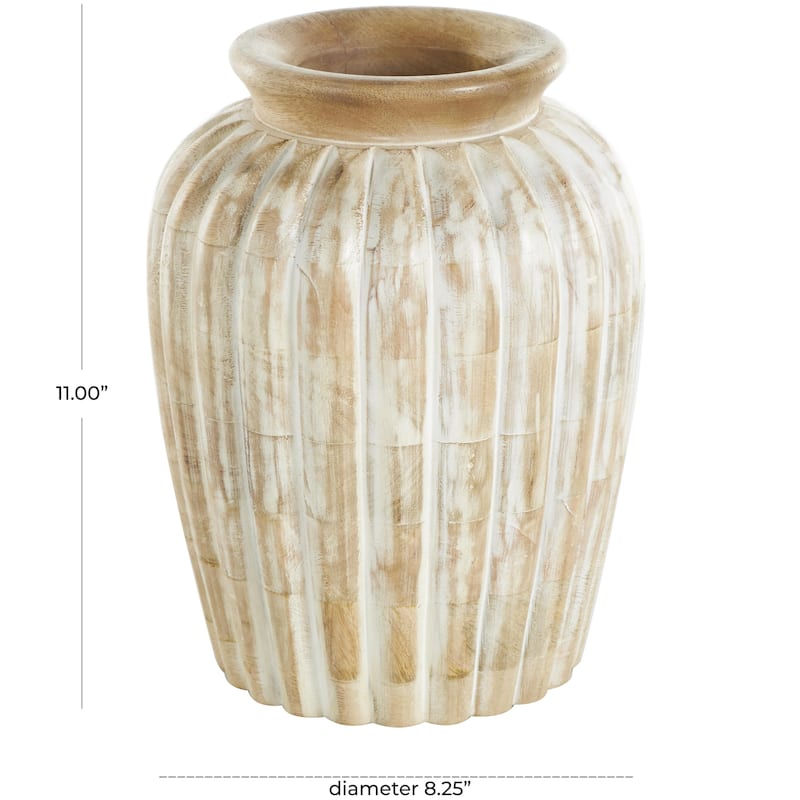 Mango Wood Distressed Decorative Vase with Carved Ridges - Light Brown - Roche River Decor