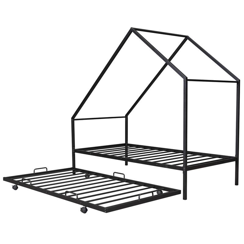 Kids Twin House Bed with Pull-Out Trundle, Metal Frame, Easy Assembly
