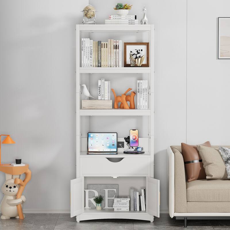 VECELO Bathroom Storage Cabinet with Shelves, Drawer & Charging Ports, Freestanding File Cabinet for Kitchen, Office, Laundry
