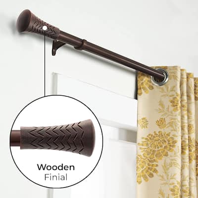 Extendable Curtain Rod for Door & Windows Adjustable Heavy Duty Iron Drapery Pole with Wood Taper Finials (19mm Dia, Brown)