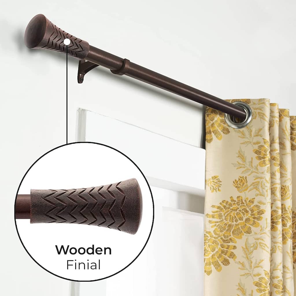 Extendable Curtain Rod for Door & Windows Adjustable Heavy Duty Iron Drapery Pole with Wood Taper Finials (19mm Dia, Brown)