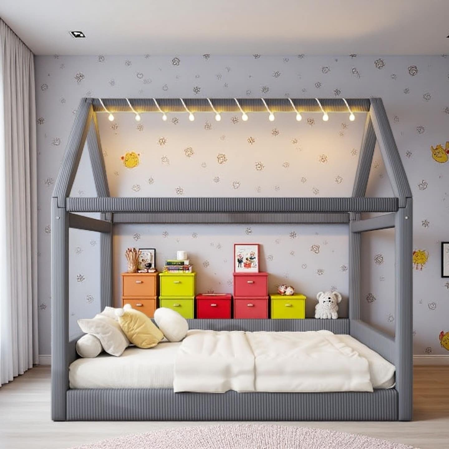 Full Size Upholstered House-Style Daybed with Touch-Control LED Lighting, Corduroy Fabric Frame, Solid Wood Construction