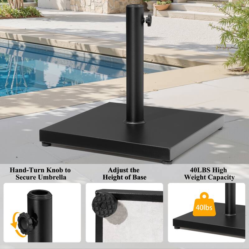 9-Piece Outdoor Patio Dining Set Wood Like Aluminum Umbrella Hole Table with Rattan Chairs, Market Umbrella and Base