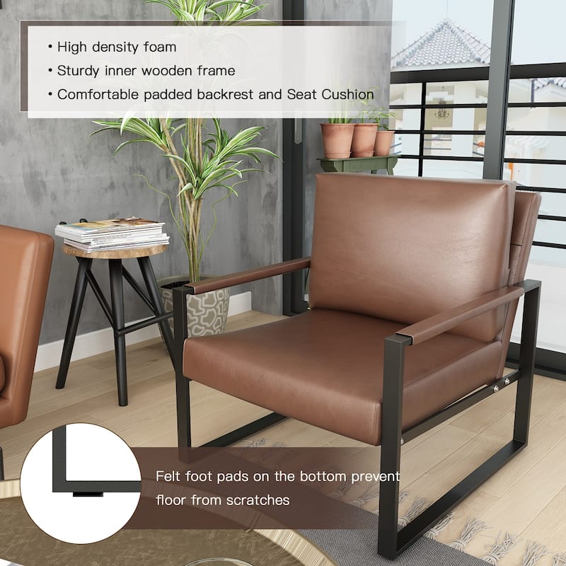 Mieres Mid-Century Style Faux Leather PU Accent Chair, Armchair with Steel Frame