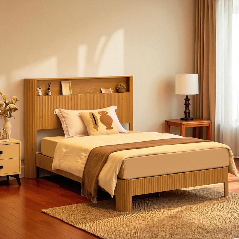 Full XL/Queen Bed Frame with Storage Headboard, USB Charging Station, Noise-Free Metal Platform with Curved Design