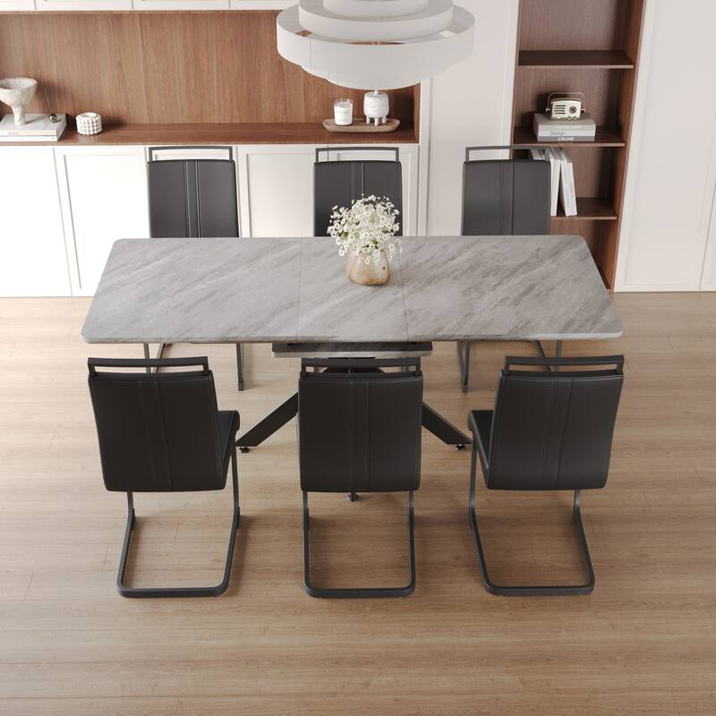 7-Piece Dining Table & Chairs Set with Expandable Dining Table and High Backrest Leather Dining Chairs