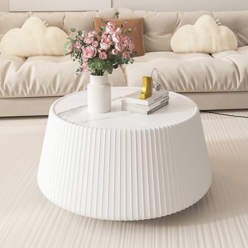 Cup-Shaped Leather Coffee Table Small Round Table Modern End Table with Sintered Stone Top, Faux Marble Sofa Side Table - Cream White-26.77"