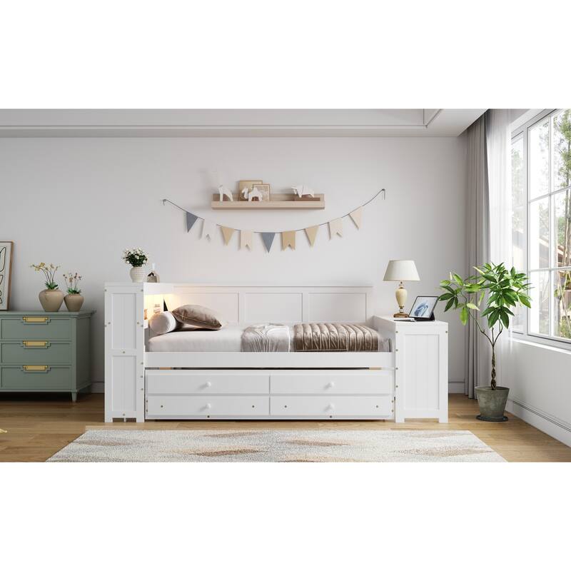 Roomfitters Full Daybed with Trundle, Storage Shelves and Charging Station
