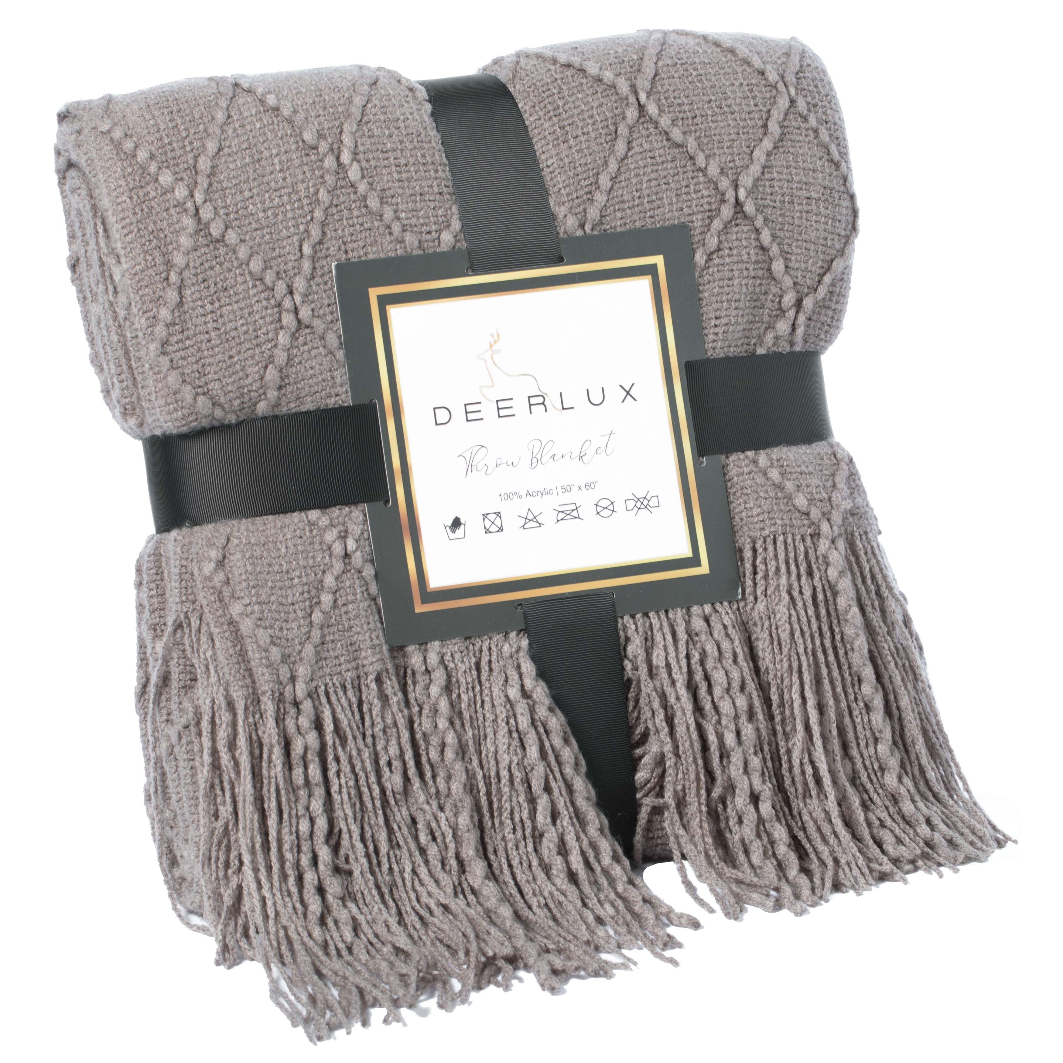 Decorative Diamond Pattern Knit Throw Blanket with Fringe, Gray 32898358