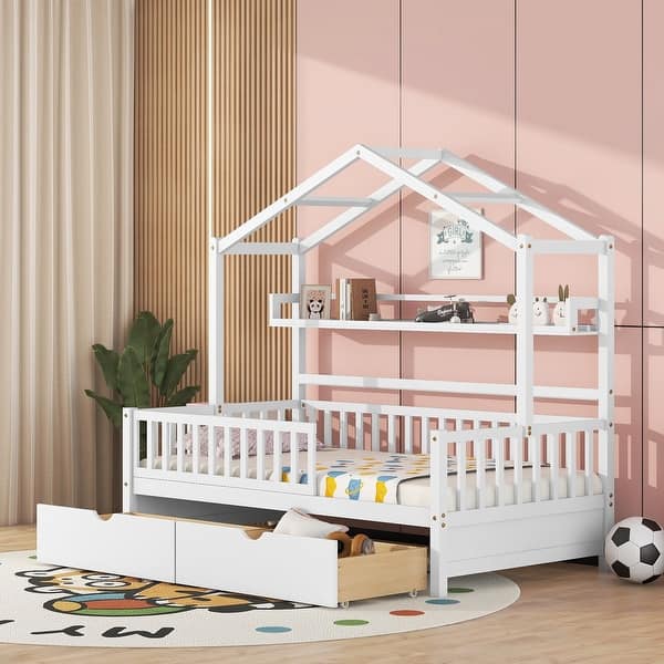 White Wooden Kids House Bed Frame with 2 Drawers and Storage Shelf ...