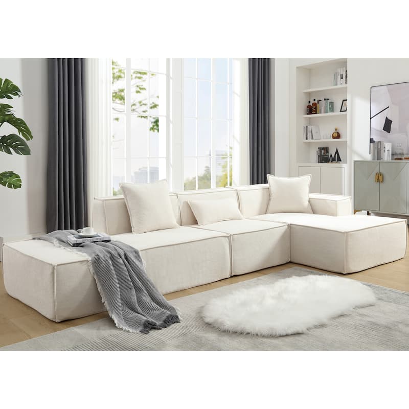 Beige 129.5'' L-Shaped 4-Seater Modular Sofa Set with Chaise in Soft Terrycloth Fabric