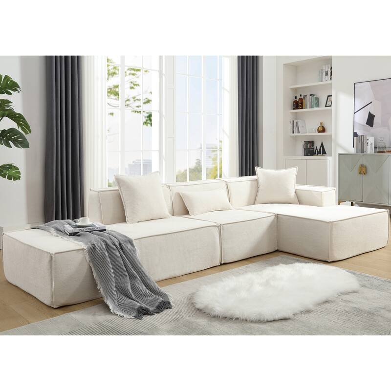 Modular Combination Modern Minimalist L-shaped Sofa, Beige Terrycloth Fabric, Free Installation