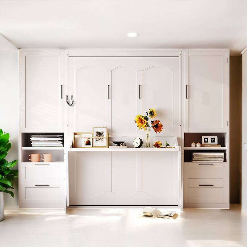 Full Murphy Bed with Built-In Wardrobe, Storage Drawers and Top Shelf, Folding Wall Bed System