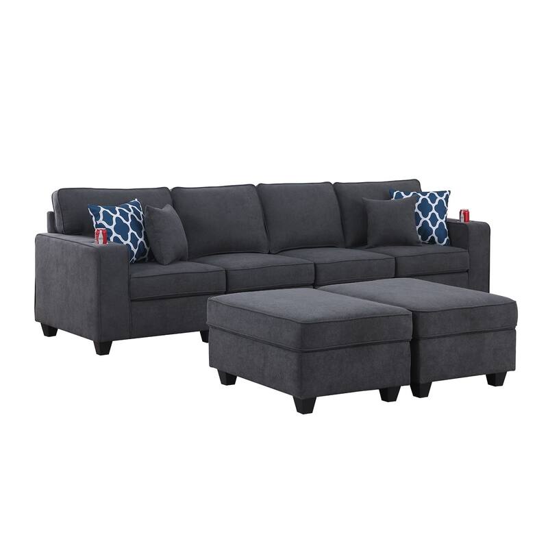 Woven Upholstered 4-Seater Sofa with 2 Ottomans in Stone Gray