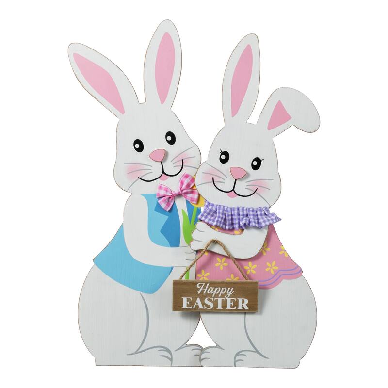 Glitzhome 24"H Easter Wooden Bunny Easel Porch Sign Wall Hanging Outdoor Indoor Decor