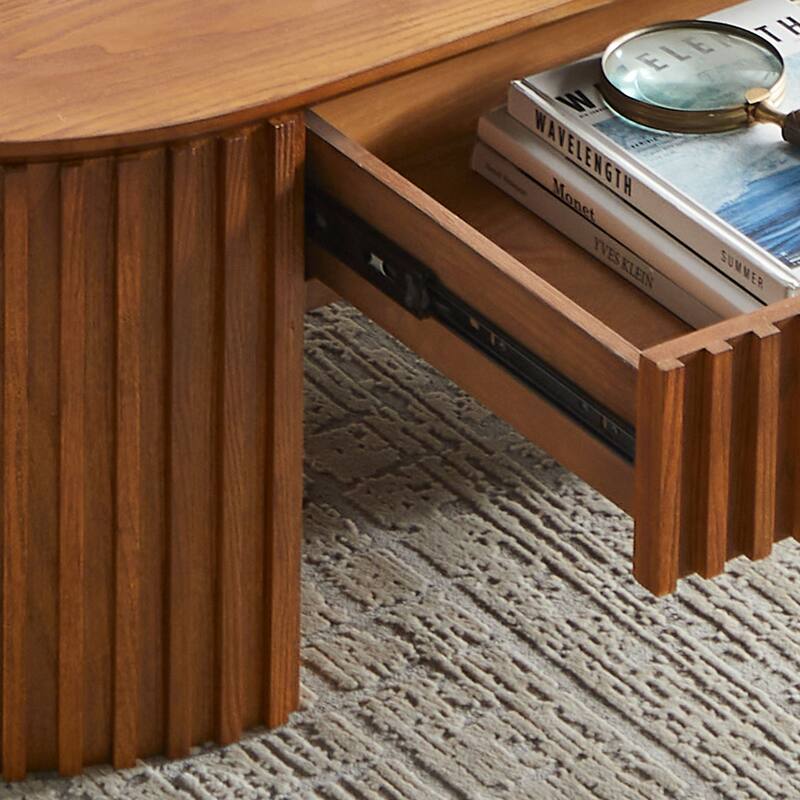 51.18" Oval Wood Coffee Table with Drawer, Mid-Century Modern Tea Table, Handcrafted Relief Center Table