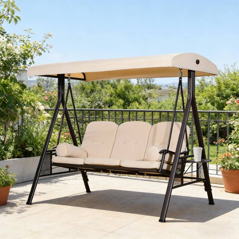 GDFStudio - 3-Seat Patio Swing Chair with Tiltable Canopy and Side Trays