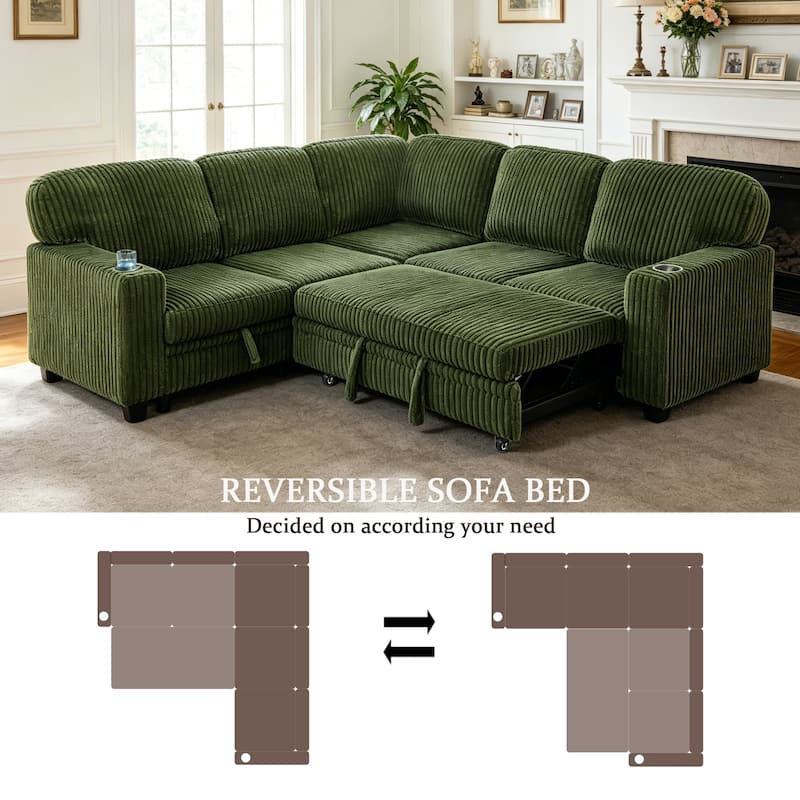 GDFStudio - Modern 5-Seat Sectional L-Shaped Sofa with Pull-Out Sleeper Bed, Storage, Cup Holder & USB Charging - 81"W