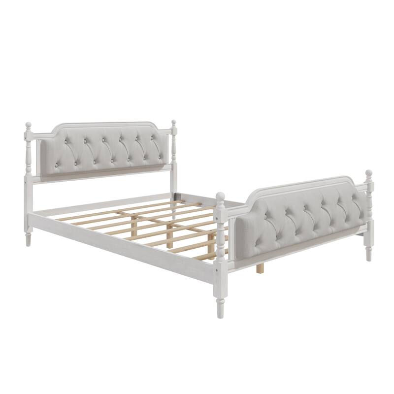 Queen Size Solid Wood Bed Frame with Tufted Upholstered Headboard, No Box Spring Needed, Antique White