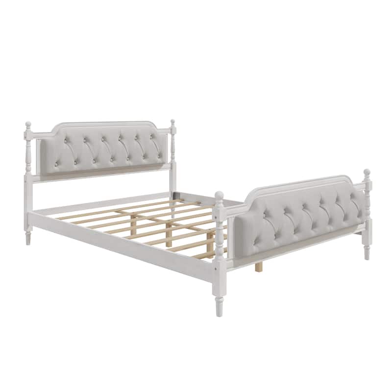 Wood Bed Frame with Button Tufted Headboard and Footboard, Upholstered Bed Four Poster Bed, No Box Spring Needed