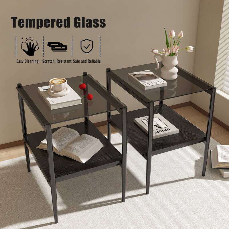 Modern Coffee Table with Iron Legs, End Table Set with Tempered Glass Top, Storage Table for Living Room