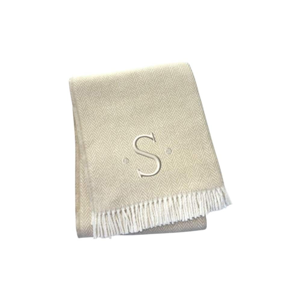 55" X 70" Linen And White Herringbone Cotton Blend S Initial Throw Blanket with Tassels And Embroidery