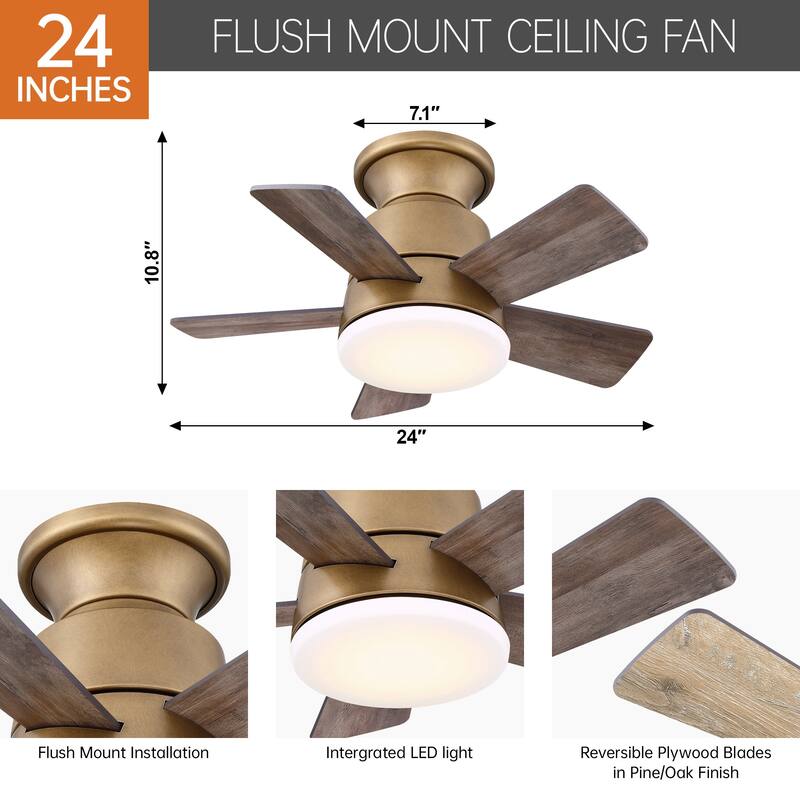 24" Aged Brass Wooden Small Dimmable Hugger Ceiling Fan with Light