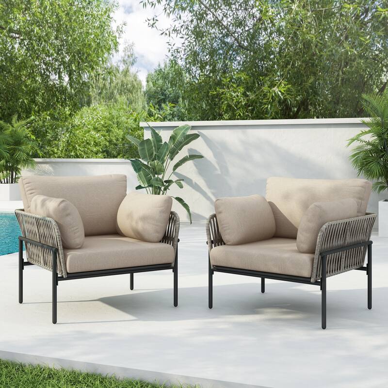 Modern Rattan Lounge Chair with Metal Frame & Cushions Patio Rope Weave Accent Armchair for Indoor, Poolside, Garden, Set of 2
