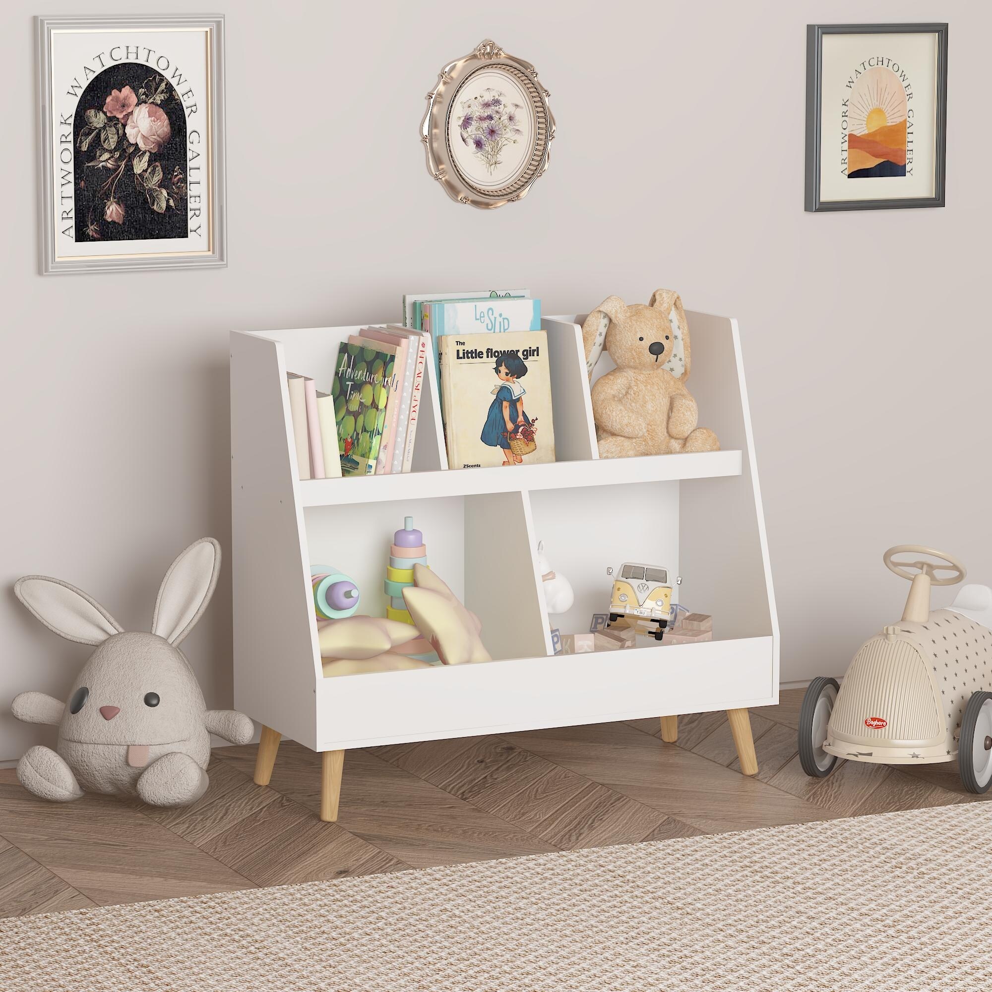 Kids Bookshelf and Toy Organizer 5 Cubbies Wooden Open Bookcase 2 Tier Baby Storage Display Organizer with Legs Free Standing White