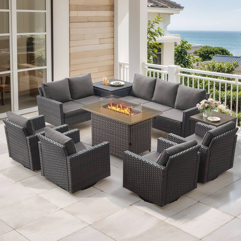 Gymojoy 9 Piece Wicker Outdoor Patio U-shaped feet Conversation Set Group , Include Fire Pit Table