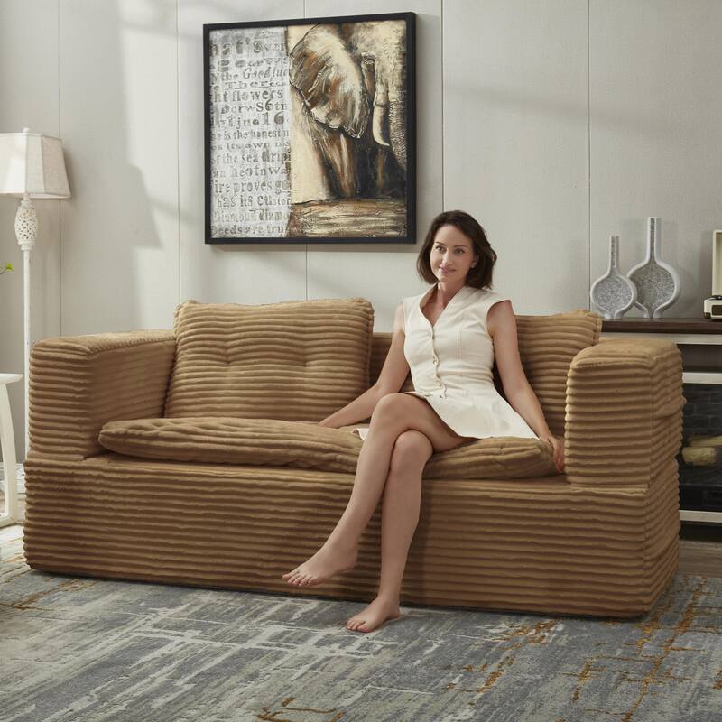 Convertible Floor Sofa Bed with Chaise Lounge, Corduroy 3-in-1 Sofa, Sofa to Bed with Dual-Purpose Blanket, No Assembly Required