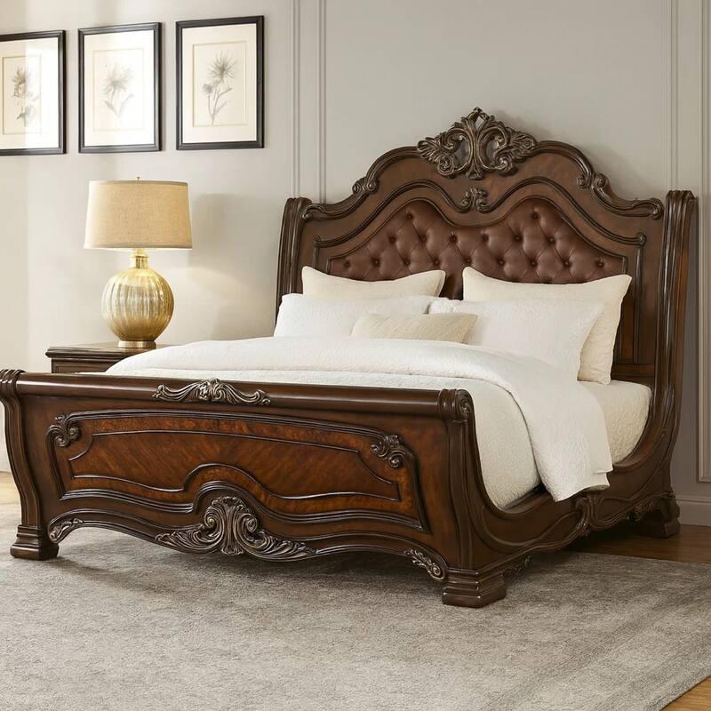 Ruth Queen Bed, Faux Leather Headboard with Burl Inlays, Mahogany Brown